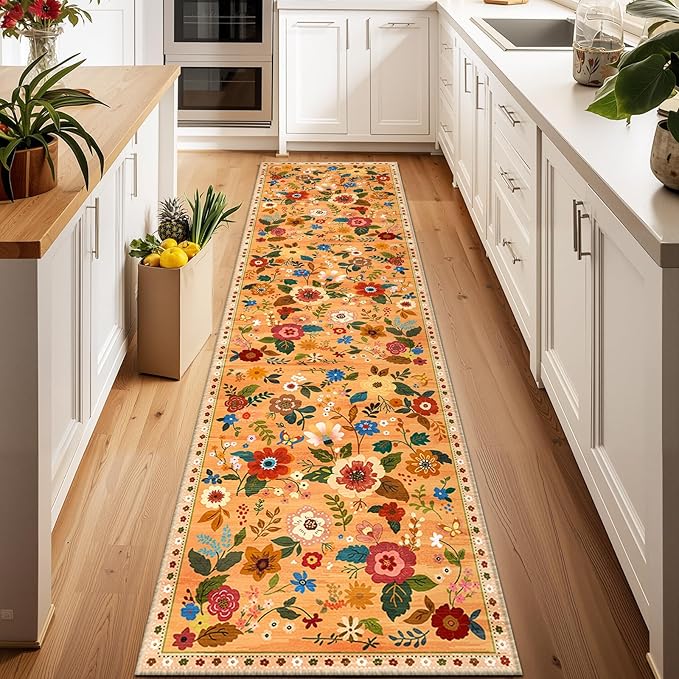 Floral Washable 2x8 Area Rugs Runner Entryway Hallway Orange/Yellow/Red | Flower Carpet, Print, Boho, Non-Slip, Easy to Clean, Low Pile, Soft, for Living Room Bedroom Kitchen Office Entrance