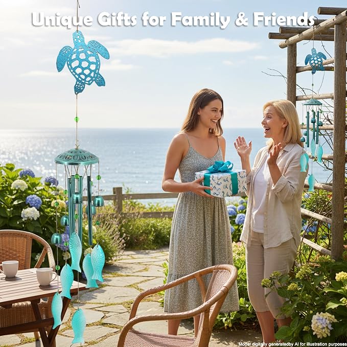 Sea Turtle Glass Windchimes Unique Metal Wind Chimes for Outside Pendant | Sea Turtle Ornament Memorial Windchimes Outdoors, Outdoor Metal Wind Chimes, Home Gifts for Women, Patio Porch Garden Decor