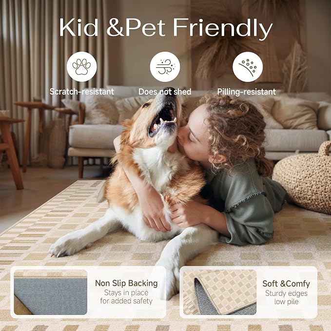 Beige 8x10 Washable Area Rug Living Room Large Non Slip Carpet | Soft, Low Pile, Modern, Pet Friendly, Indoor Rugs for Bedroom, Office, Nursery, Dining Room, Kids Room