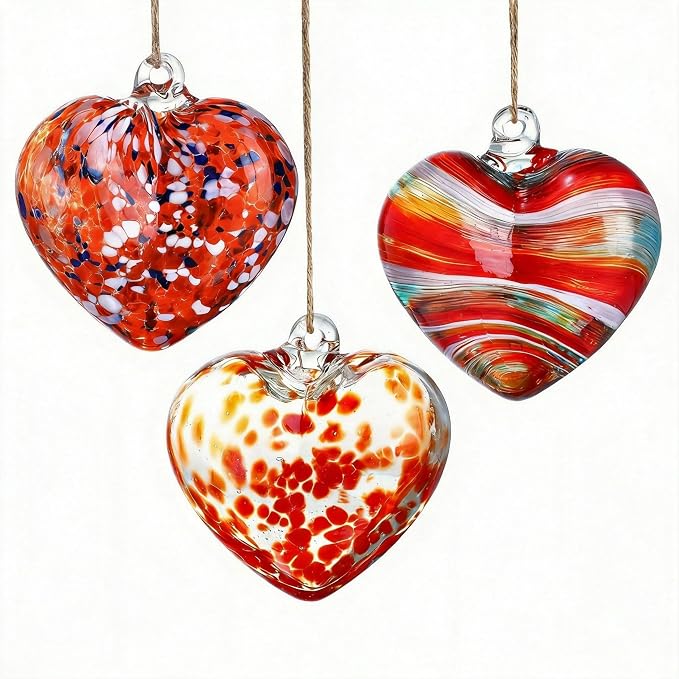 Hand Blown Glass Red Heart Ornaments Hanging Friendship Hearts for Outdoor | Thickened Shatter-Resistant Hand Blown Glass, Garden Tree Wedding Party Hanging Ornament