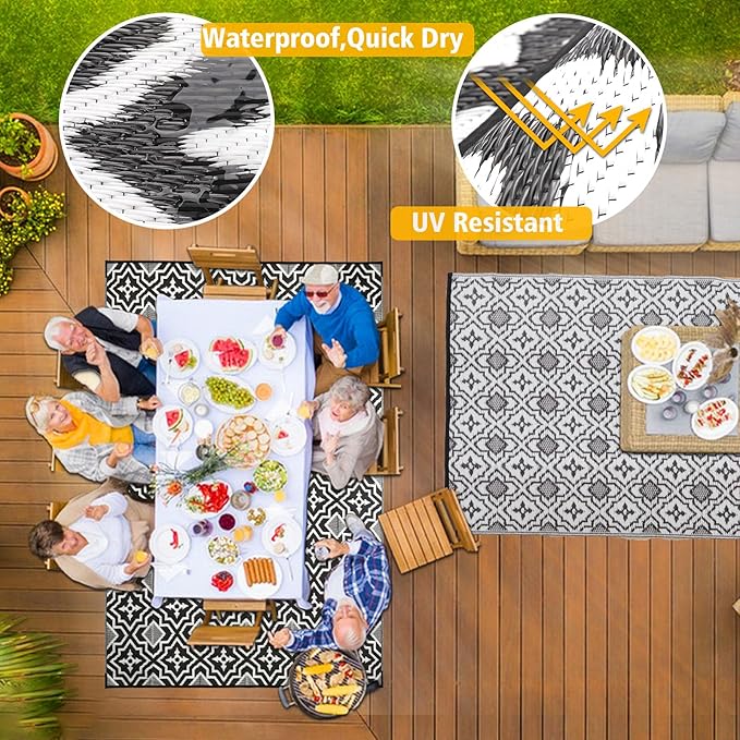 Alfolo Outdoor Rug Waterproof 4x6 Outdoor Mat Small Porch Balcony Rug,Reversible Plastic Straw Rug for Camping Black and White Outdoor Mats for Patio, Deck, RV, Camping, Beach, Backyard