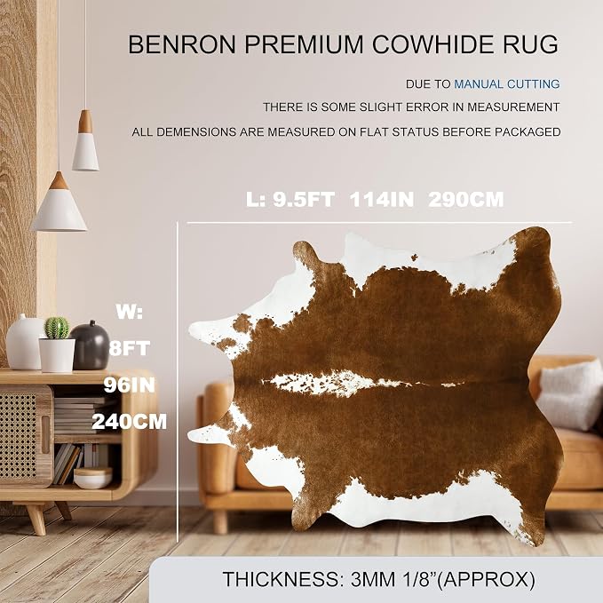 BENRON Faux Cowhide Rug, Cow Print Rug for Living Room Bedroom 7.8x9.5ft | Western cow hide rug for Cowboy Cowgirl Home Decor, Washable Rugs with Irregular Animal Skins and Hides Non Slip, Khaki Brown