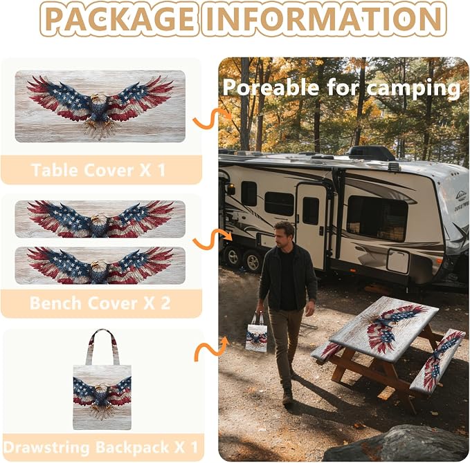 Picnic Table Cover with Bench Covers Elastic Edges, Outdoor Patio Camping Essentials 72 Inch 3PCS, Waterproof Camping Fitted Tablecloth with Handbags (American Flag Eagle)