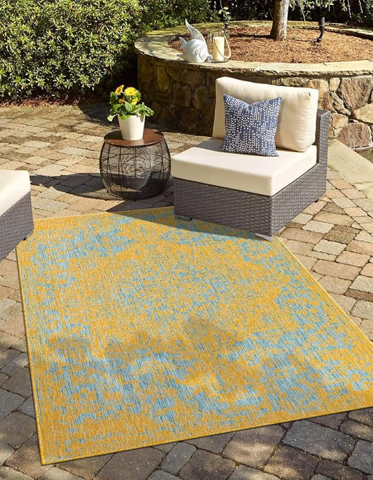 Unique Loom Jill Zarin Jill Zarin Outdoor Collection Area Rug - Dubai (4' 1" x 6' 1" Rectangle, Yellow and Aqua/Light Blue)