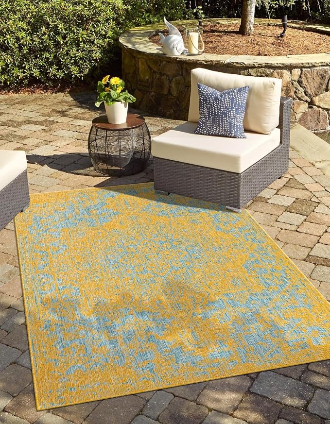 Unique Loom Outdoor Collection Area Rug - Dubai (5' 3" x 8' Rectangle, Yellow and Aqua/Light Blue)