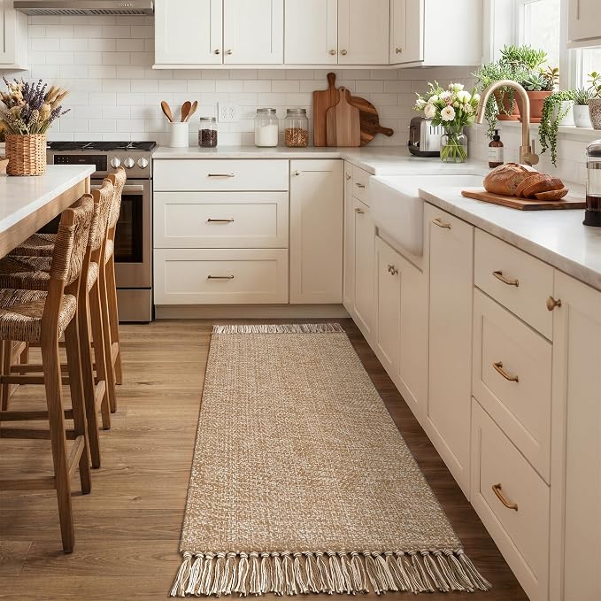 Bathroom Runner Rug, 2' x 5' Modern Farmhouse Kitchen Rugs | Hand-Woven Entryway Rugs Runners for Hallway, Tan/Cream Boho Washable Laundry Carpet, Indoor Front Door Mat for Bedroom Patio