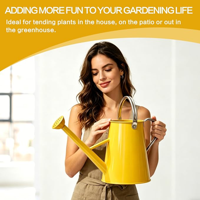 Metal Watering Can with Stainless Steel Handle for Outdoor and Indoor Plants, Watering Can Decor, 1.5 Gallon (Yellow)