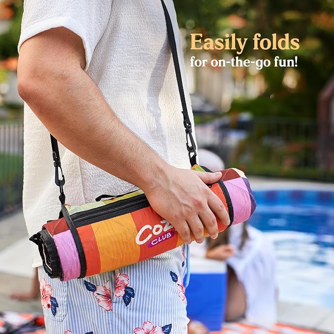 Cozy Club Waterproof Picnic Blanket – Foldable Outdoor Mat 60x70 with Stakes, Pocket & Shoulder Strap | Sandproof Beach Blanket for Festivals, Camping & Travel | Self-Packing | Multicolor | US Brand