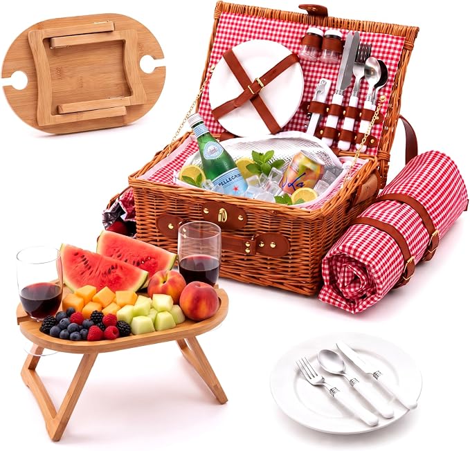 Wicker Picnic Basket Set for 2 with Foldable Table, Blanket, Insulated Liner, Large Handmade Willow Hamper Basket Sets with Cutlery Kit for Outdoor Camping Couples Wedding Bridal Shower Gift