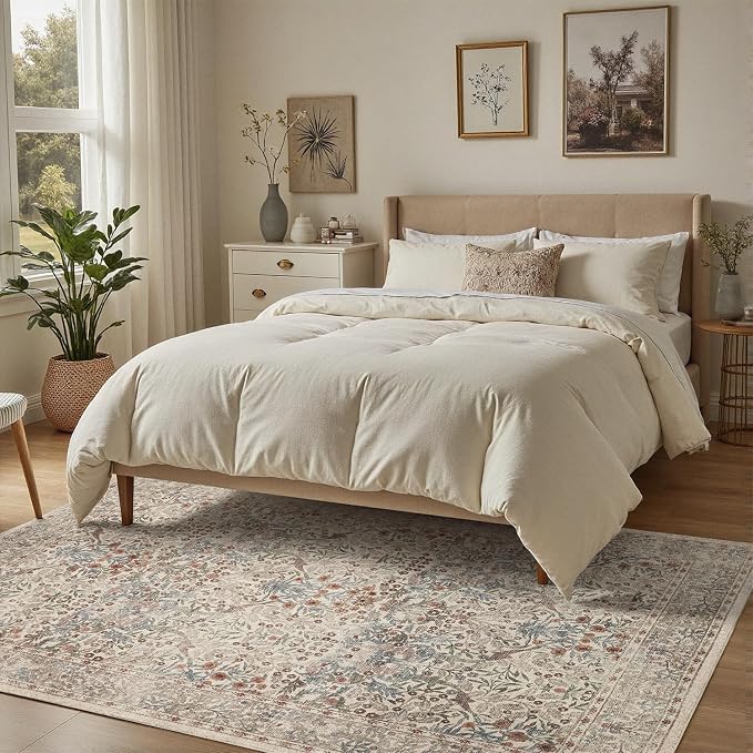 DCX Beige Area Rugs 9x12, Machine Washable Non Slip Stain Resistant Soft Vintage Floral Rug, for Living Room, Bedroom, Playroom, Soft Low Pile Large Carpet