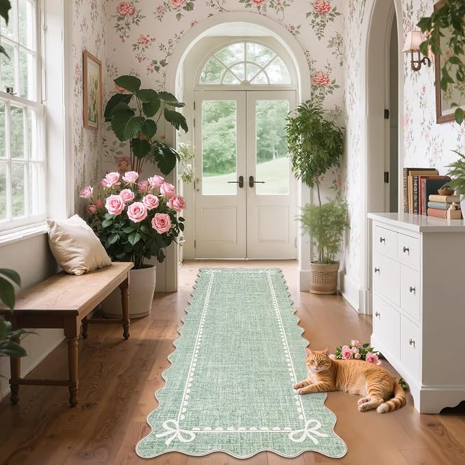 GarveeHome Scalloped Hallway Runner Rug 2.5x8 Non Slip Sage Green Rugs | Washable Bow Rug for Girls Bedroom Dorm Nursery Entyrway Kitchen, Soft Low Pile Ultra-Thin Stain Resistant Indoor Carpet