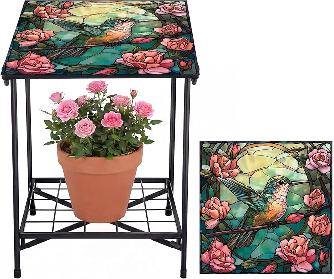 Cinnvoice Outdoor Side Table 2-Tier Storage Square Small Mosaic Patio Accent Indoor End Plant Coffee Tea Table for Yard Patio Porch Garden Living Room, Bedroom(Hummingbird Style)