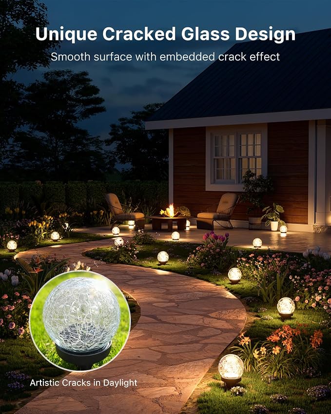 4 Pack 4.72" Warm White Solar Powered Cracked Glass Globe LED Light | Outside Waterproof Decorative Table Ball Lamps, for Garden, Step, Yard, Deck, Pathway, Backyard Decoration Easy to Install
