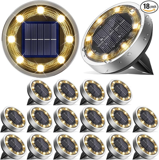 vighep Solar Ground Lights, 18 Pack Flat Solar Light Outdoor Waterproof, Bright LED Solar Disc Lights, 3000K Warm White Landscape Lighting for Outside Yard Garden Pathway Driveway Lawn