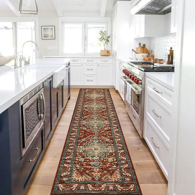 U'Artlines 2' x 10' Boho Hallway Runner Rug, Washable Carpet, Rust＆Teal | Non Slip, Vintage Farmhouse Accent Area Rug Carpet, for Kitchen Entryway Laundry and Living Room