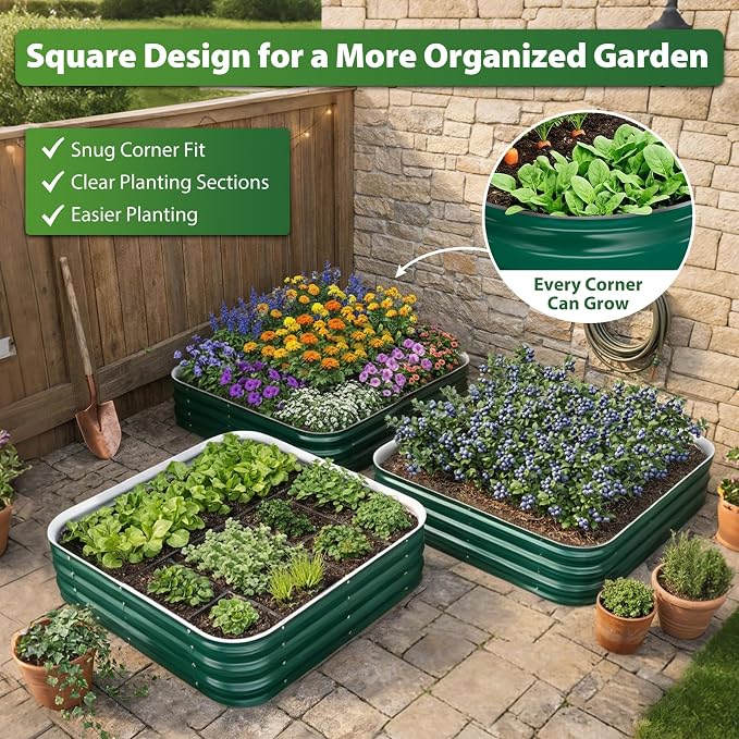 Square Galvanized Raised Garden Bed 4x4 ft – Easy Home Gardening Planter Box for Vegetables & Flowers,Herbs – 12" Heavy Duty Outdoor Gardening Bed with Easy Assembly (Green)