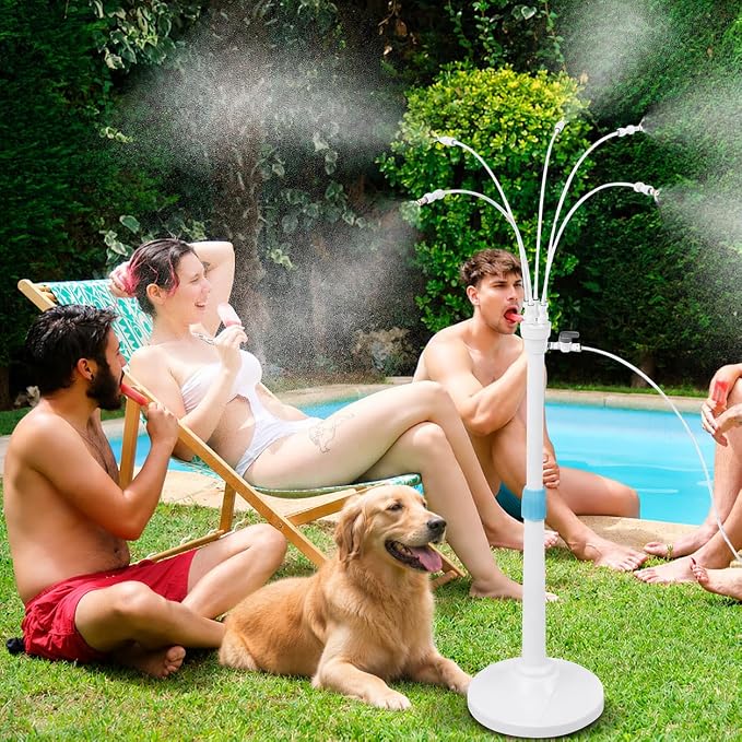 Misters for Outside Patio, Standing Misting Cooling System, Portable Outdoor Water Mist Hose Kit, Adjustable 45.7in Height & 5 Spray Nozzles for Backyard Garden Pool Tanning BBQ Cool Kids Pet Playing