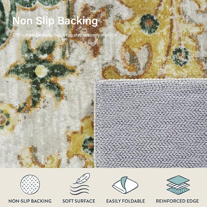 Lahome Reine Bohemian Floral Medallion Area Rug, 4x6 Soft Rugs for Living Room Washable Rugs for Bedroom, Vintage Non Slip Indoor Carpet for Apartment Dining Room Kitchen, Yellow/Green/Multi