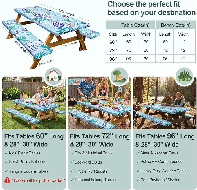 Play Tailor Picnic Table Cover with Bench Covers Camping Essentials Waterproof Windproof Camping Tablecloth with Drawstring Bag, Fitted Rectangle Tables and Seats, 60in, Light Green Blue