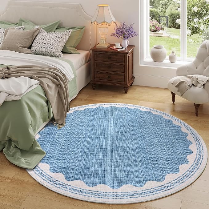 GarveeHome Scalloped Blue 4ft Round Rug Washable Non-Slip Soft Ultra-Thin Small Circle Modern Cottage Core Solid Tan Carpet for Entryway Kitchen Bedroom Nursery Dining Room