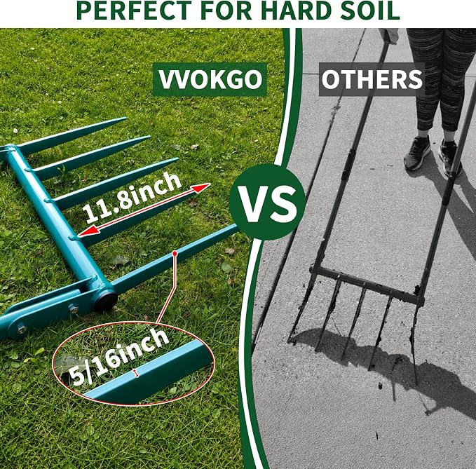 VVOKGO Broadfork Garden Tool with 11.8" Long Tines, 5-Tine Broad Fork for Gardening Heavy Duty, Unbreakable Garden Fork & Hand Tiller for Farm Digging, Crushing, Aerating Soil