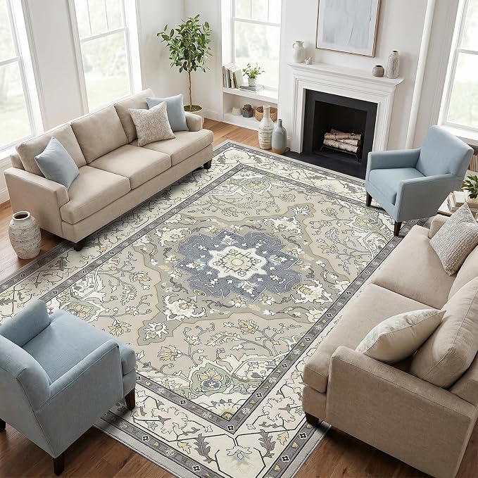 Vintage Farmhouse 8x10 Washable Rug | Non-Slip, Stain Resistant, Low-Pile Carpet for Living Room, Dining Room, Bedroom, Office, Grey Green