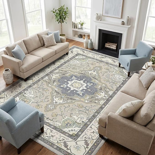 Vintage Farmhouse 8x10 Washable Rug | Non-Slip, Stain Resistant, Low-Pile Carpet for Living Room, Dining Room, Bedroom, Office, Grey Green