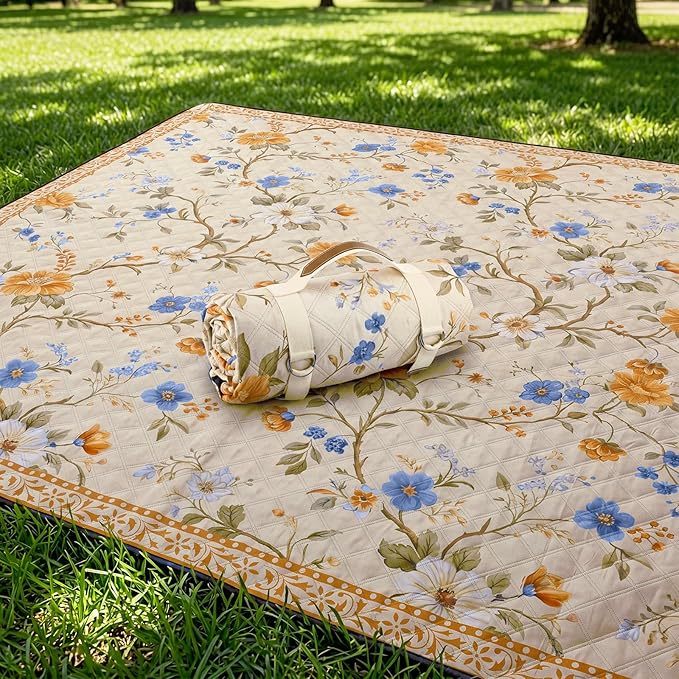 Newwiee 80 x 80 Inch Brown Floral Picnic Blanket Extra Large Outdoor Chinoiserie Picnic Mat with Carry Strap Waterproof Sandproof Blanket Foldable Portable for Beach Camping Grass Lawn Park