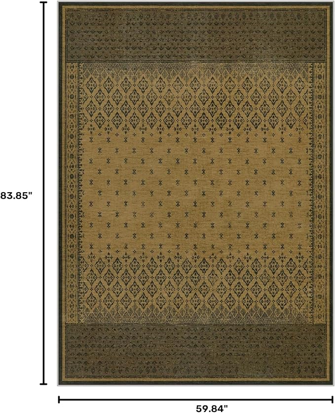 Joydeco Vintage Living Room Rugs 5x7, Washable Area Rugs for Bedroom | Non Slip Low Pile Soft Thin Stain Resistant Boho Geometric Indoor Floor Carpet for Entryway Dining Room Home Office Brown