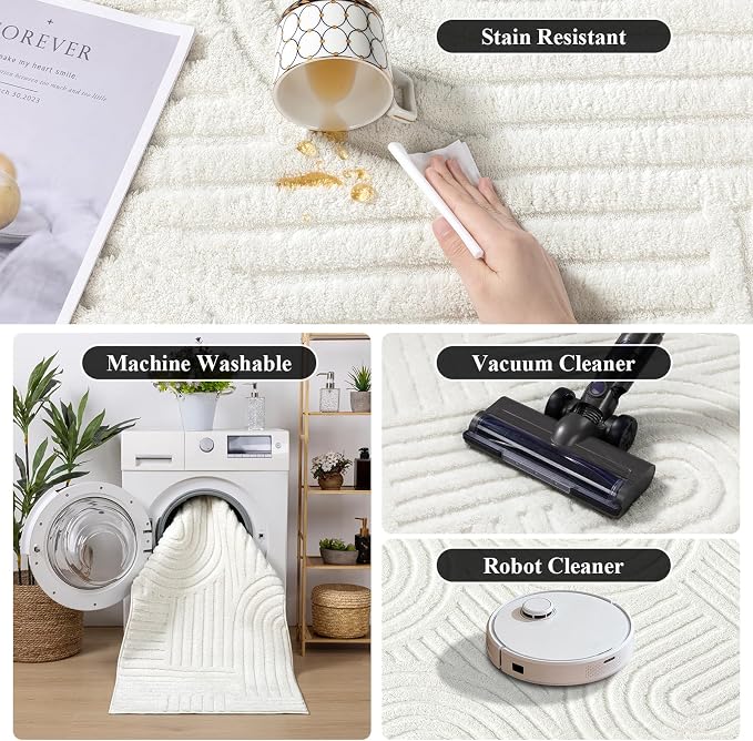 SHACOS Soft Cozy Fluffy Arch Pattern High Low Pile Rugs 4'x6' Non Slip Washable Scandinavian Minimalist Rug Modern Geometric Arc Carpet for Living Room Bedroom Dining Room, Cream White