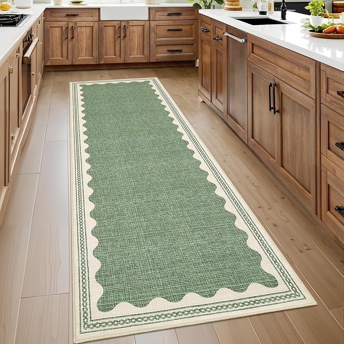 GarveeHome Scalloped 2x6 Runner Rug for Hallway Washable Kitchen Rugs Non Slip Solid Sage Green Modern Soft Low-Pile Indoor Carpet for Entryway Laundry Room Floor Mats