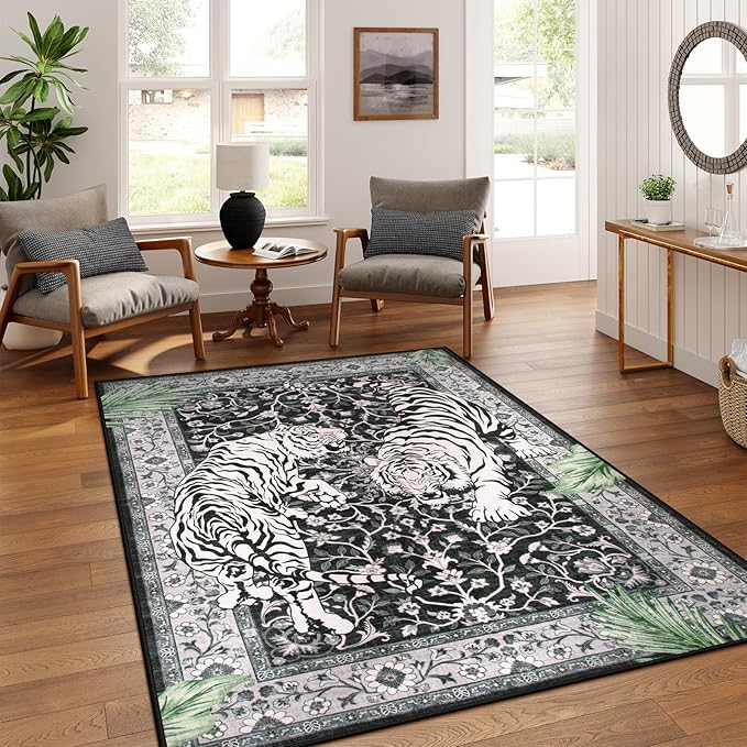 Moynesa Tiger 5x7 Area Rugs, Boho Washable Rugs for Living Room, Vintage Soft Dining Room Rug, Non Slip Ultra Thin Stain Resistant Large Floor Carpet for Office Bedroom, Black