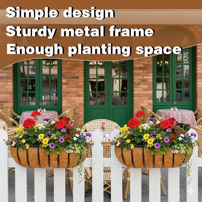 4 Pcs 24“ Railing Planter Window Box Deck Railing Planter Boxes with Coco Liner English Horse Trough Planter Metal Wall-Mounted Planters Basket for Outdoor Balcony Porch Fence Patio Rail