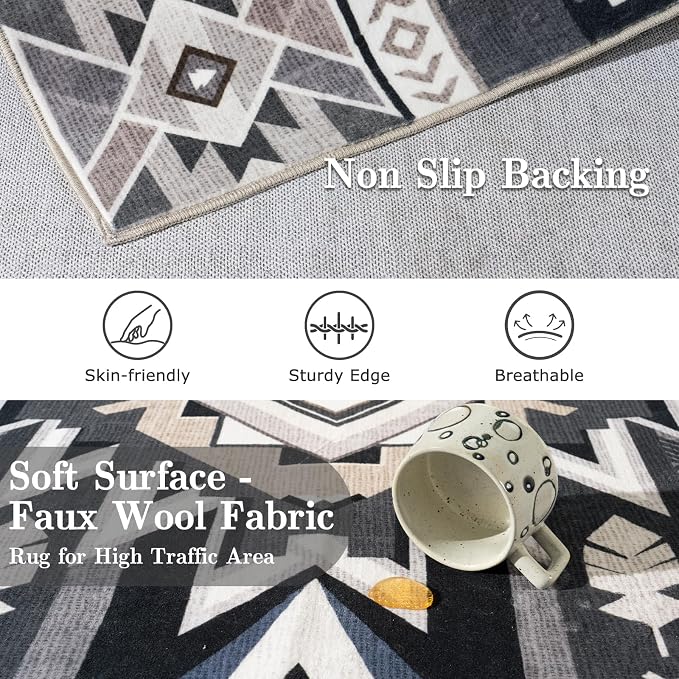 6x9 Western Rustic Aztec Area Rug for Living Room Bedroom Dining Room | Southwestern Tribal Grey Low Pile Faux Wool Rug, Machine Washable Non-Slip Carpet for Living Room Dining Bedroom