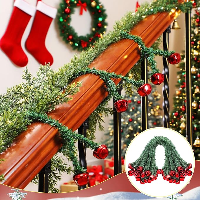 25 Pcs 20 Inches Christmas Garland Ties with Bells Decorative Twist Ties Garland Hanger for Banister Stairs Railing Reusable Flexible Twist for Xmas Holiday Decorations (Red)