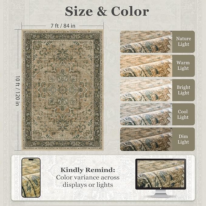 7x10 Living Room Rug, Vintafe Distressed Medallion Area Rug for Bedroom Dining Room, Washable Non Slip Thin Carpet Rugs for Bedroom Under Bed Home Office, Multi Brown/Olive