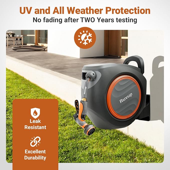 Ruvup Retractable Garden Hose Reel, 1/2” x 110ft+6.5ft Automatic Water Hoses Reels for Outside with 10 Pattern Nozzle, UV Resistant Wall Mount Slow Retraction Any Length Lock 180° Swivel Bracket