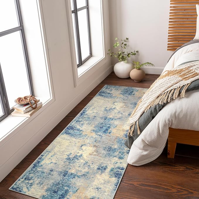 Lahome Modern Abstract Blue Bathroom Rug, 2x6 Washable Long Hallway Rug Soft Non Slip Blue Floor Accent Carpet Runner for Entryway Kitchen Laundry Room Doorway Bedroom