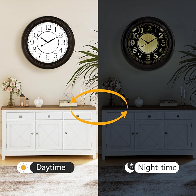 Retro Large Illuminated Outdoor & Indoor Wall Clock 18 Inch, Glow in The Dark Classic Clock with Smart Light Sensor Battery Operated, Vintage Night Light Clocks for Patio Garden Home Porch Pool