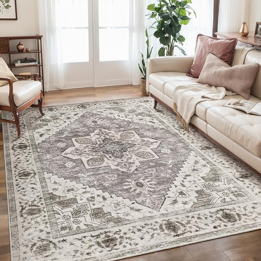 SERISSA 5x7 Washable Non Slip Boho Area Rug for Living Room，Earth Tone | Ultra Soft Vintage Oriental Carpet Low-Pile Distressed Tribal Throw Carpet for Bedroom Dining Room Dorm Office Home Decor