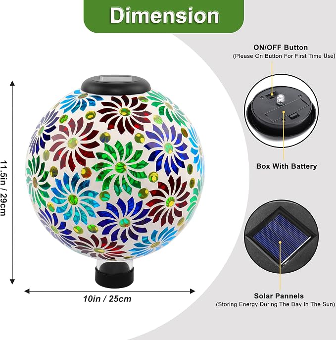 SAVENNA Mosaic Solar Gazing Ball 10 Inch,Glass Garden Globe with Auto On/Off for Yard, Lawn & Outdoor Decor,Multi-Color
