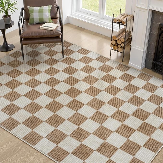 Machine Washable 5x7 Area Rugs for Living Room Checkered, Non Slip Soft Low Pile Farmhouse Geometric Modern Neutral Playroom Boys Rugs for Bedroom, Large Carpet Rugs for Dining Room(Brown,5'x7')