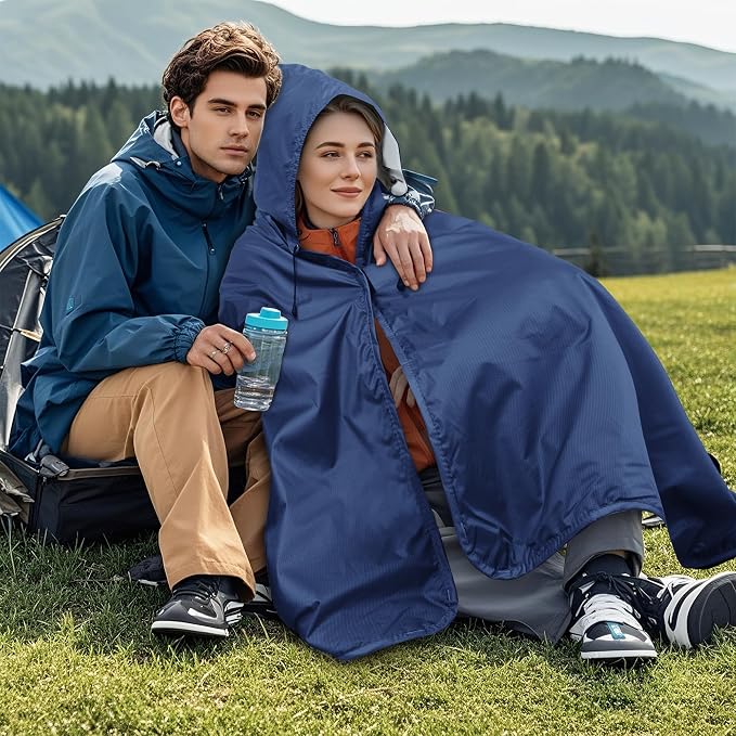 Large Waterproof Outdoor Picnic Blanket 80"x 58" | Windproof Lightweight Stadium Blanket, Packable, Stay Dry and Comfortable for Camping, Sports, Travel - Blue Hooded