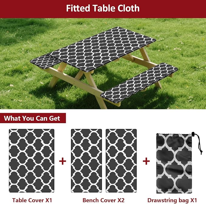7ft Picnic Table and Bench Cover, Camping Essentials RV Gear, 84 in Waterproof Windproof Outdoor Elastic All Around Tablecloth, Fitted Rectangle Tables and Seats, Black-White Moroccan