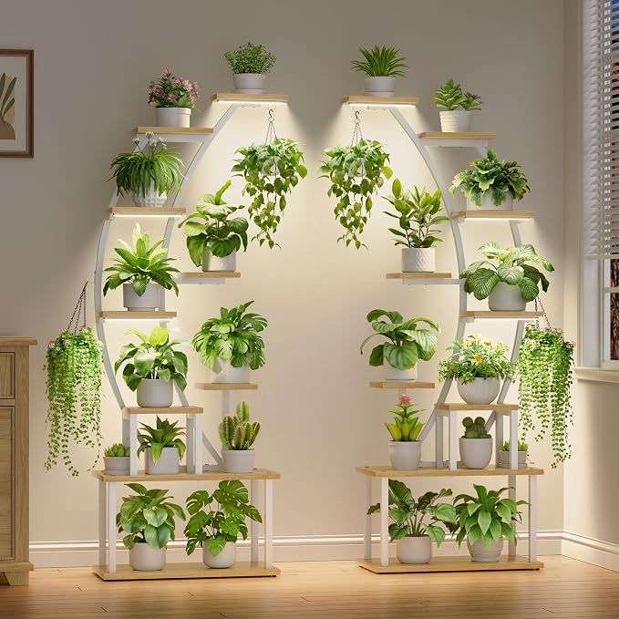 BACEKOLL Plant Stand Indoor with Grow Lights, 9 Tiered Metal Plant Shelf, 64" Tall Plant Stand for Indoor Plants Multiple, Large Plant Rack Display Shelf, Curved Plant Holder for Living Room, White
