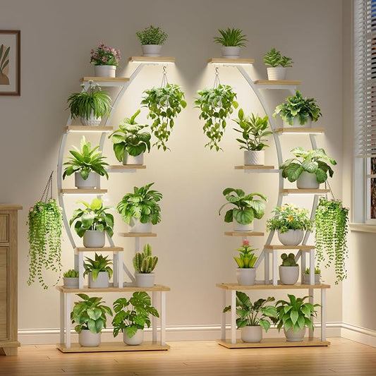 BACEKOLL Plant Stand Indoor with Grow Lights, 9 Tiered Metal Plant Shelf, 64" Tall Plant Stand for Indoor Plants Multiple, Large Plant Rack Display Shelf, Curved Plant Holder for Living Room, White