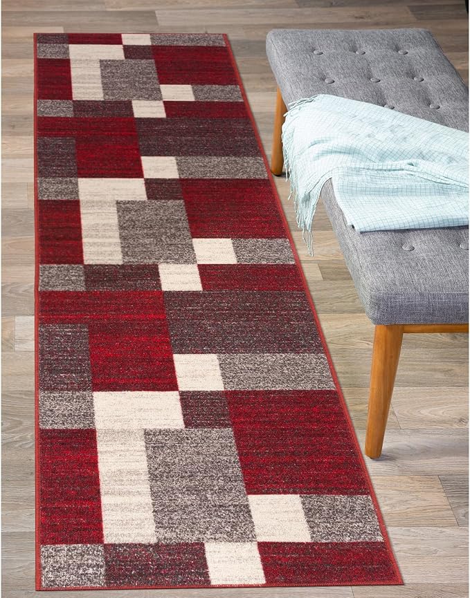 Rugshop Geometric Boxes Non-Slip Modern Living Room Area Rug Red 2' x 7'2" | Non-Shedding, Rectangular, Size 2' x 7'2", Bedroom, Dining Room, Home Office, Kitchen, Entryway, Hallway, Nursery, Kids Room