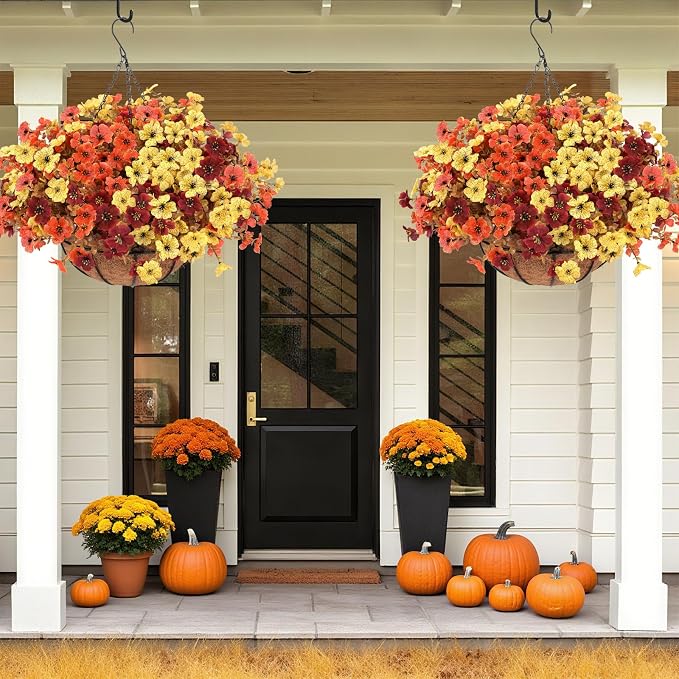 2 Set Artificial Hanging Basket Fall Flowers, UV Mixed Mums for Outdoors | Fake Faux Look Real Mums Plants for fall Decor Thanksgiving Displays Front Doors Patios Balconies Yards