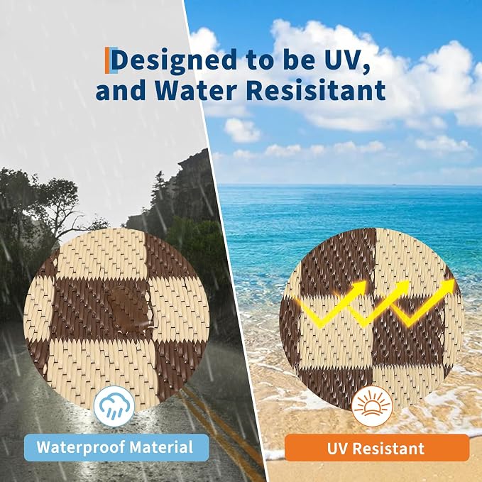 Outdoor Rug 8x10 Waterproof Patio Rugs Modern Geometric Border Reversible Mat for Front Door Rv Foldable Plastic Straw Carpet for Travel Trailers, Deck, Porch, Camper, Balcony, Beach，Brown