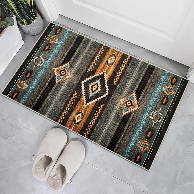 Southwest Area Rug for Living Room Abstract Geometric Diamond 2x3 Rug Modern Southwestern Aztec Tribal Rugs Non Slip Low Pile Machine Washable Boho Orange Grey Floor Carpet Indoor Bedroom Dining Room
